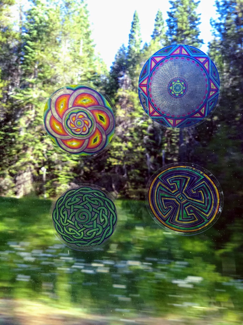 Cosmic Circles, Choose Any 4 Small size 3, Sun Light catcher window clings, Eco friendly Re-Usable, Ancient symbols, Bird safe window art image 6