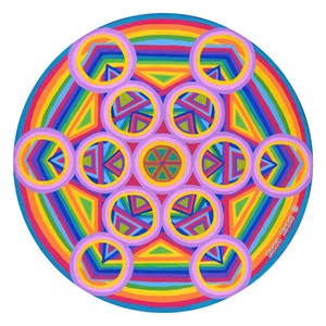 Cosmic Circle, Metatrons Cube, Sun Light catcher window cling, Sacred Geometry, Psychedelic Rainbow, Ecofriendly No stick decal, Glass Art image 1