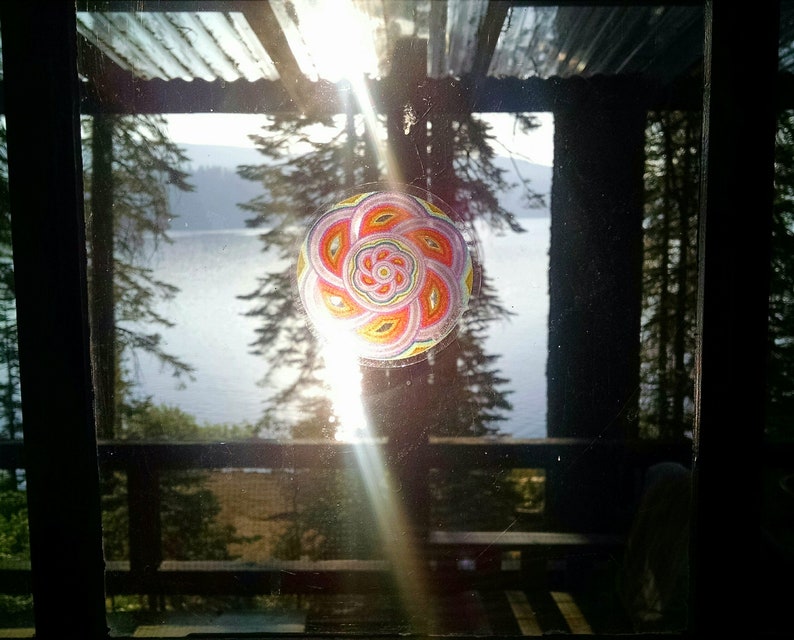 Cosmic Circles, Choose Any 4 Small size 3, Sun Light catcher window clings, Eco friendly Re-Usable, Ancient symbols, Bird safe window art image 2