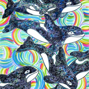 Wenskaart, Orka's, Walvissen, Ocean Rainbow, Black Fish Family, Sea Nature, Baby & Pod, Ocean Lover, Eco-Friendly Art made in California