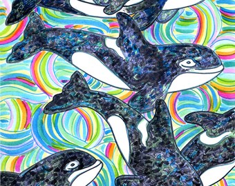 Orca Whale Greeting Card: Ocean Rainbow Eco-Art