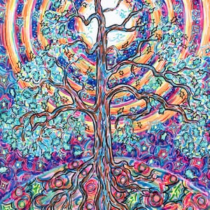 Wenskaart, eik, regenboog maanboog, milieuvriendelijke kunst, volle maannacht, mystieke ervaring, psychedelische sfeer, moderne landschapskunst