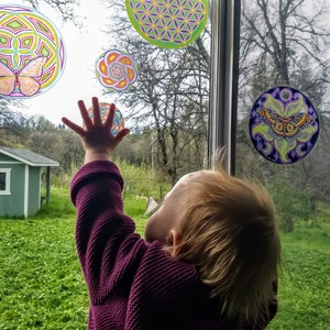 Choose any 4 2 large 2 small Cosmic Circles, Eco friendly Window Clings, Mandala Butterflies Flowers, Beautiful Colors, Best Gift Ever image 5