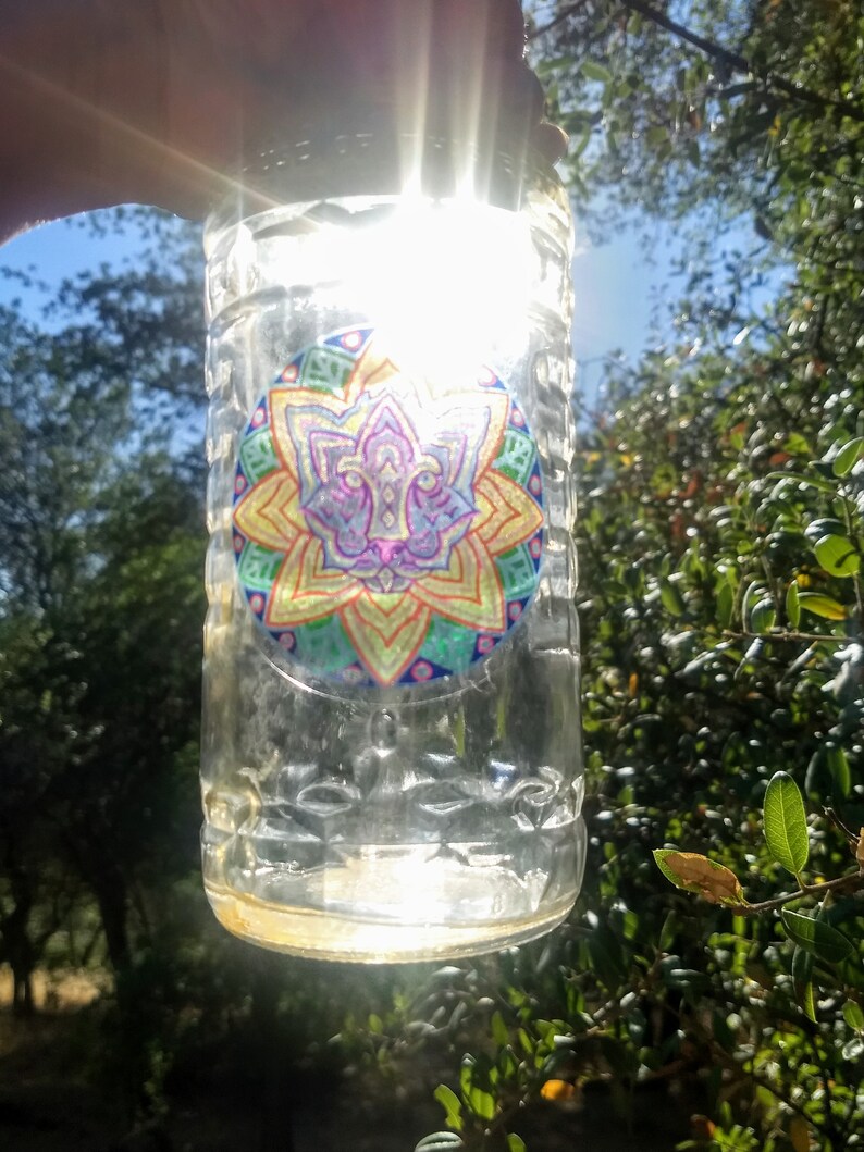 Cosmic Circle, Cat Feline, Sun Light catcher EcoFriendly Window cling, Reusable Water bottle sticker, Car Van decor, Animal Tropical Mandala image 4