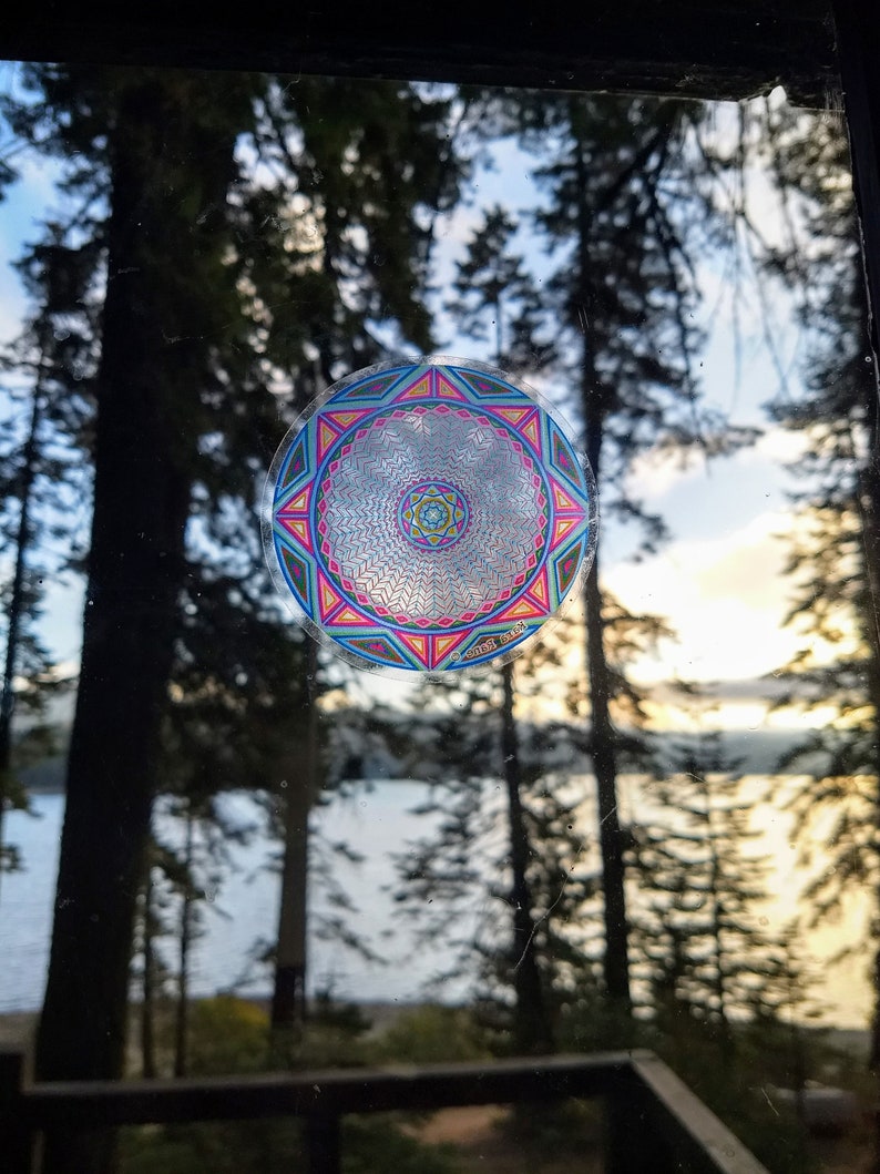 Cosmic Circle, Blue Earth Wheel, Sun Light catcher window cling, Mandala Art, Sacred Ancient Symbol, Infinitely Reusable, made in California image 3