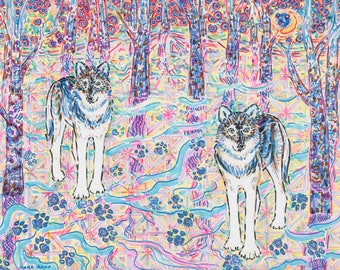 Snow Wolves Greeting Card: Nordic Winter Landscape Art Print