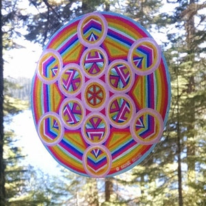 Cosmic Circle, Metatrons Cube, Sun Light catcher window cling, Sacred Geometry, Psychedelic Rainbow, Ecofriendly No stick decal, Glass Art image 3