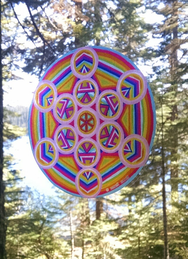 Cosmic Circle, Metatrons Cube, Sun Light catcher window cling, Sacred Geometry, Psychedelic Rainbow, Ecofriendly No stick decal, Glass Art image 3