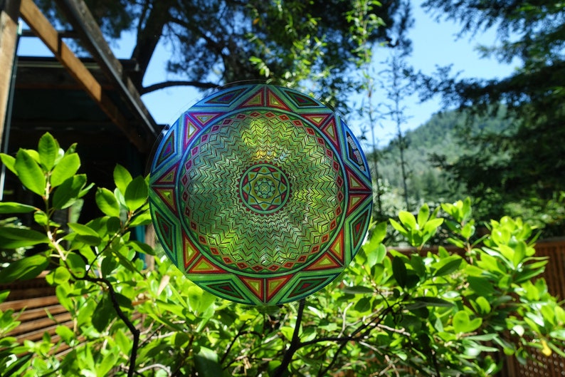 Cosmic Circle, Blue Earth Wheel, Sun Light catcher window cling, Mandala Art, Sacred Ancient Symbol, Infinitely Reusable, made in California image 5