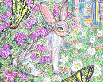 Rabbit Courage Greeting Card: Swallowtail Butterfly & Flora Art