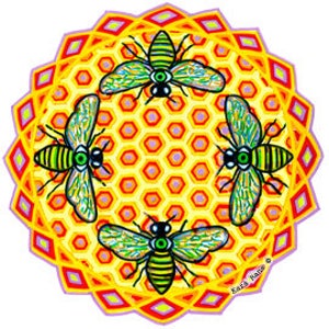 May include: Four yellow and green bees with black eyes are arranged in a circle around a honeycomb pattern. The background is yellow with orange and red accents.