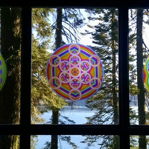 Cosmic Circle, Rainbow Seed of Life, Window Cling, Reusable Non adhesive sticker, EcoFriendly SunCatcher, Sacred Geometry, Hippie Boho style image 4