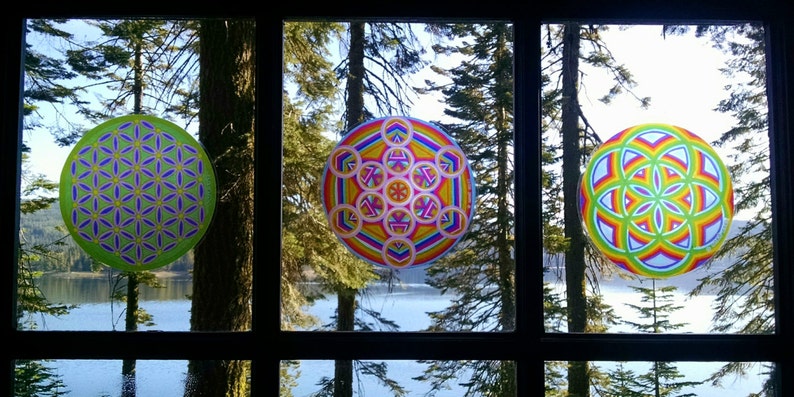 Cosmic Circle, Rainbow Seed of Life, Window Cling, Reusable Non adhesive sticker, EcoFriendly SunCatcher, Sacred Geometry, Hippie Boho style image 4