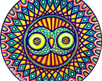 Cosmic Circle, Owl, Sun Light Catcher window cling, Animal Mandala Art, Nature Lover, Re-usable Non-adhesive Sticker, made in California