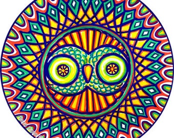 Owl Mandala Window Cling: Cosmic Circle Sunlight Catcher
