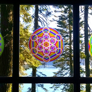 Cosmic Circle, Metatrons Cube, Sun Light catcher window cling, Sacred Geometry, Psychedelic Rainbow, Ecofriendly No stick decal, Glass Art image 5