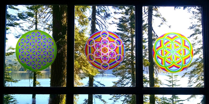 Cosmic Circle, Metatrons Cube, Sun Light catcher window cling, Sacred Geometry, Psychedelic Rainbow, Ecofriendly No stick decal, Glass Art image 5