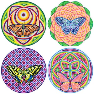 Sacred Butterflies Cosmic Circles, Sun Light catcher window clings, Butterfly Art, Monarch Swallowtail, Sacred Geometry flowers, Psychedelia
