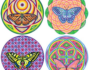 Sacred Butterflies Cosmic Circles, Sun Light catcher window clings, Butterfly Art, Monarch Swallowtail, Sacred Geometry flowers, Psychedelia