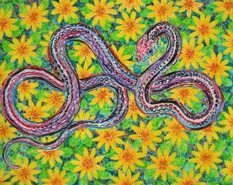 Greeting Card, Snake and Flowers, Yellow Daisies, Serpent Medicine, Snake Lover, Modern Wildlife Art, Eco-friendly Sustainable Nontoxic inks