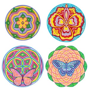 Choose any 4 2 large 2 small Cosmic Circles, Eco friendly Window Clings, Mandala Butterflies Flowers, Beautiful Colors, Best Gift Ever image 1