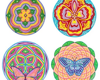 Choose any 4 (2 large + 2 small) Cosmic Circles, Eco friendly Window Clings, Mandala Butterflies Flowers, Beautiful Colors, Best Gift Ever!