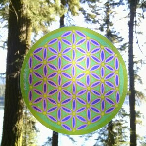 Cosmic Circle, Neon Green Flower of Life, Sun Light catcher window cling, Sacred Geometry Ancient Symbol, Visualization, made in California image 3