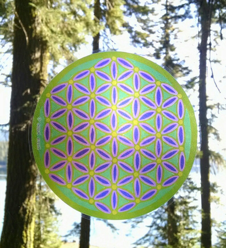 Cosmic Circle, Neon Green Flower of Life, Sun Light catcher window cling, Sacred Geometry Ancient Symbol, Visualization, made in California image 3