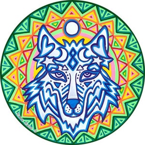 Cosmic Circle, Wolf, Sun Light Catcher window cling, Animal Mandala Art, Nature Lover, Re-usable Non-adhesive &quot;sticker&quot;, made in California
