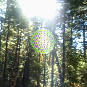 Cosmic Circle, Neon Green Flower of Life, Sun Light catcher window cling, Sacred Geometry Ancient Symbol, Visualization, made in California image 7