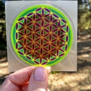 Cosmic Circle, Neon Green Flower of Life, Sun Light catcher window cling, Sacred Geometry Ancient Symbol, Visualization, made in California image 5