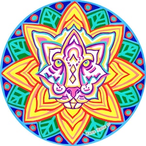 Cosmic Circle, Cat Feline, Sun Light catcher EcoFriendly Window cling, Reusable Water bottle sticker, Car Van decor, Animal Tropical Mandala