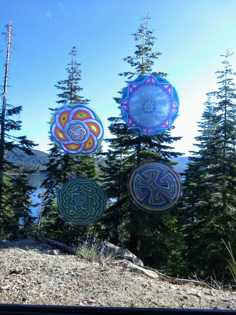 Cosmic Circles, Choose Any 4 Small size 3, Sun Light catcher window clings, Eco friendly Re-Usable, Ancient symbols, Bird safe window art image 7