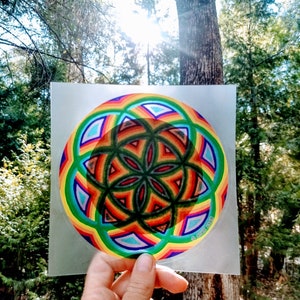 Cosmic Circle, Rainbow Seed of Life, Window Cling, Reusable Non adhesive sticker, EcoFriendly SunCatcher, Sacred Geometry, Hippie Boho style image 9