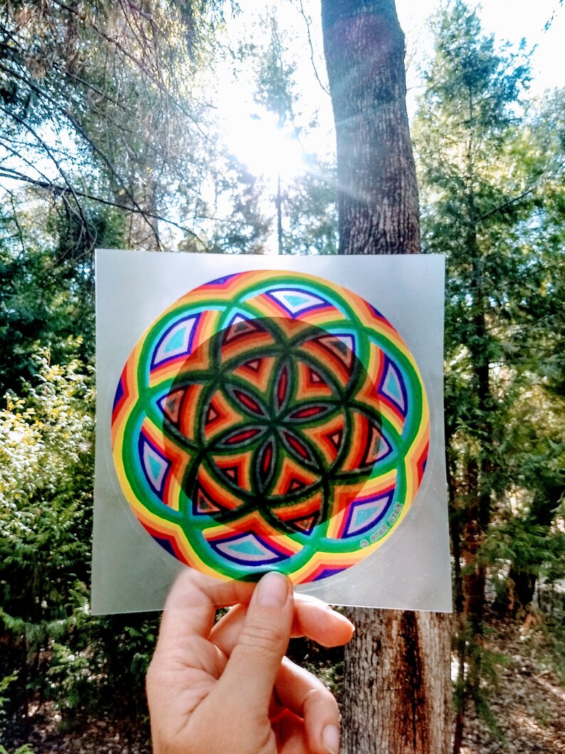 Cosmic Circle, Rainbow Seed of Life, Window Cling, Reusable Non adhesive sticker, EcoFriendly SunCatcher, Sacred Geometry, Hippie Boho style image 9