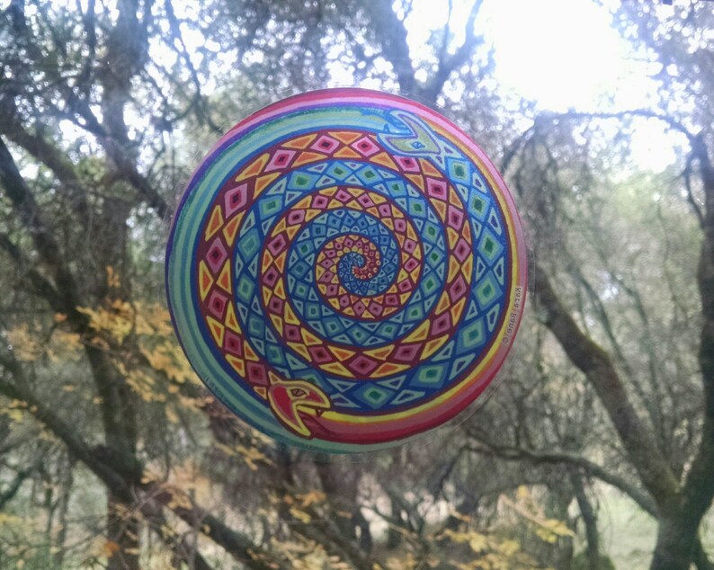 Cosmic Circle, Spiral Snakes, Sun Light catcher window cling, Divine Serpent, Ouroboros, Eco friendly Vinyl Sticker Art, made in California image 9