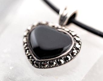 Deco Black Heart - 925 Silver, Onyx & Marcasite Pendant Necklace
