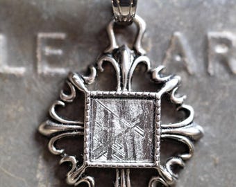 Fleur de Lis Framed Meteorite, 925 Silver & Leather Necklace