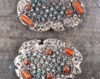 His and Hers Navajo Belt Buckle Set in 925 Silver, Turquoise & Coral