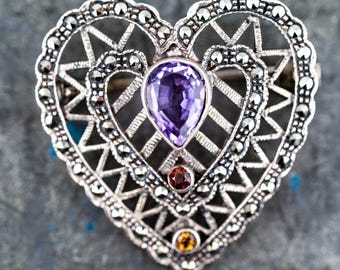 Vintage 925 Silver Multi-Gem Heart Brooch