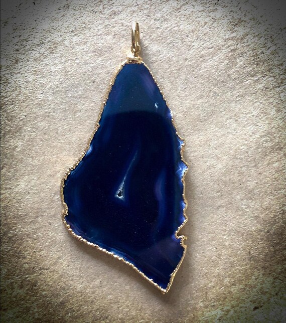 Deep Indigo Blue Druzy Geode Quartz and Gold Plate Pendant Necklace