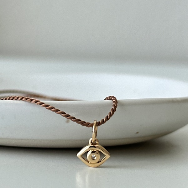 14K Solid Gold Evil Eye Necklace - Diamond Evil Eye Charm on Silk Cord - Tiny White Diamond Protection Amulet - Gift for Her - Lucky Eye