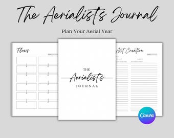 Könnte beinhalten: Ein druckbares Journal mit dem Titel "The Aerialists Journal: Plan Your Aerial Year" mit drei angezeigten Seiten. Die erste Seite trägt den Titel "Flows" und hat ein Raster mit leeren Feldern. Die zweite Seite trägt den Titel "The Aerialists Journal" und die dritte Seite trägt den Titel "Act Creation" mit Spalten für "Basic Act Time", "Equipment" und "Movement Tricks".