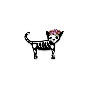 May include: Black and white skeleton cat wearing a pink and orange flower crown.