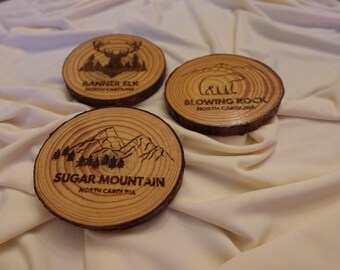 Engraved Wood Slice Coasters - Live Edge Rustic - Mountain and Woodland Designs - Custom Text Option - 4 Pack or 6 Pack