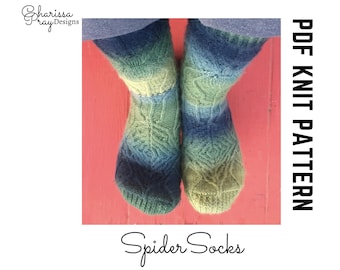 Spider Socks Knitting Pattern - Sock Pattern with Giant Spider & Web - Cute Handknit Spiderweb Socks - DIY Spider Socks