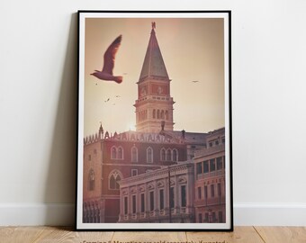 Venice Art Print, Venice Photography, Venice Travel Poster, St Marks Square, Campanile, Golden Hour, Evening Glow, Pigeons, Serene, Romantic