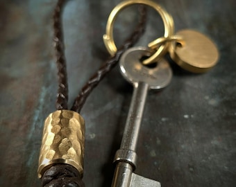 Hammered Brass Lanyard Bead with Braided Leather Cord