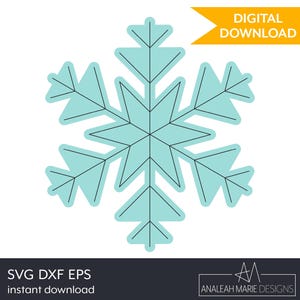 May include: A light blue snowflake design with black outlines, perfect for winter-themed crafts. The image includes the text "DIGITAL DOWNLOAD" in a yellow banner and "SVG DXF EPS instant download". The design is by Analeah Marie Designs.