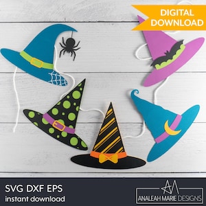 May include: A collection of colorful witch hats in various designs, including polka dots, stripes, and solid colors. Some hats feature decorative elements like a spider, a bat, and a crescent moon. The hats are connected by white strings.